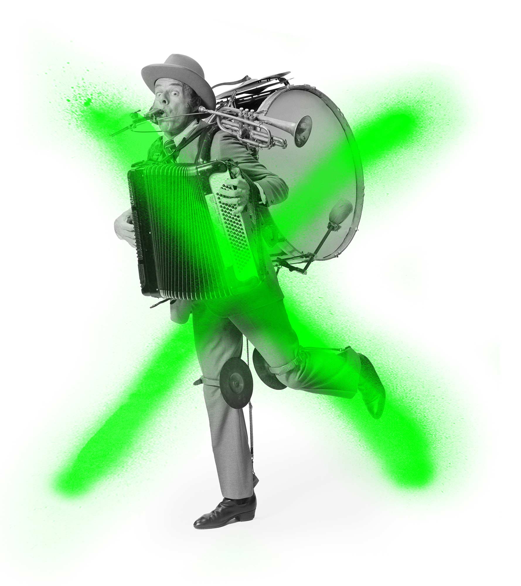 Eine Ein-Mann-Band, durchgestrichen mit grüner Sprühfarbe.