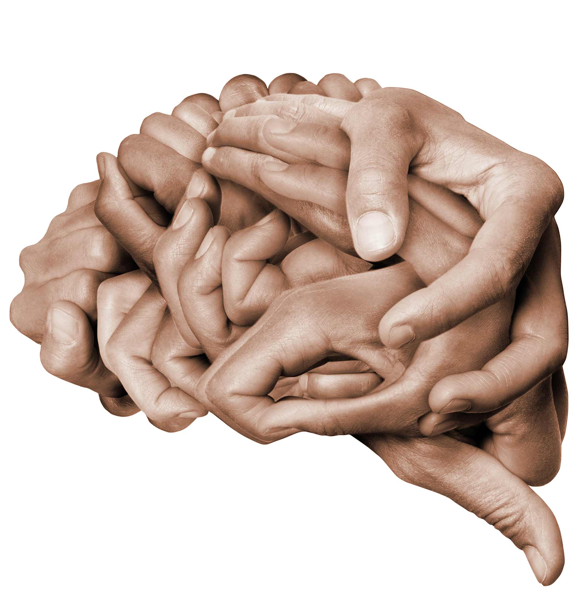 Viele Hände die derart ineinander greifen, dass die Form eines Gehirns entsteht.