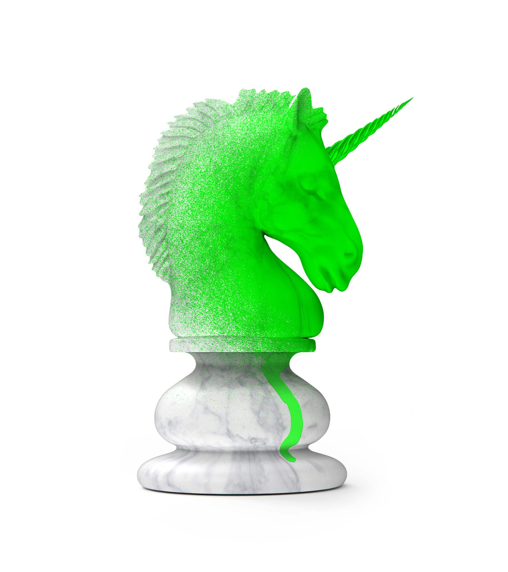 Die Schachfigur des Pferdes, angemalt mit grüner Sprühfarbe.