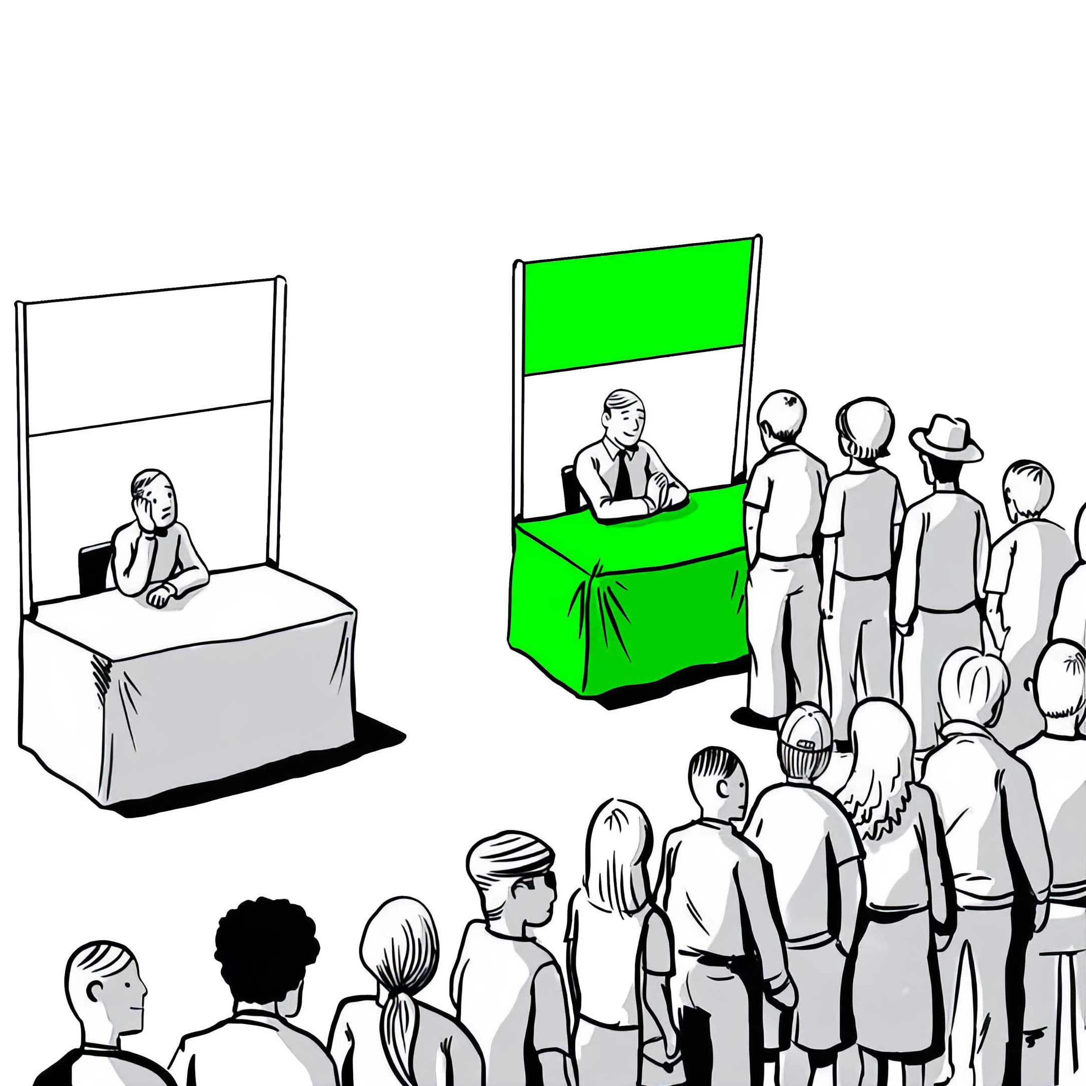 Eine Comic-Zeichnung von zwei Verkaufsständen. Vor einem bildet sich eine lange Schlange, währen vor dem zweiten niemand steht.