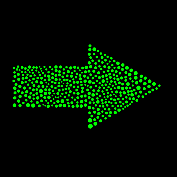 Animation von zahlreichen grünen Punkten die nacheinander Pfeile in unterschiedliche Richtungen formen.