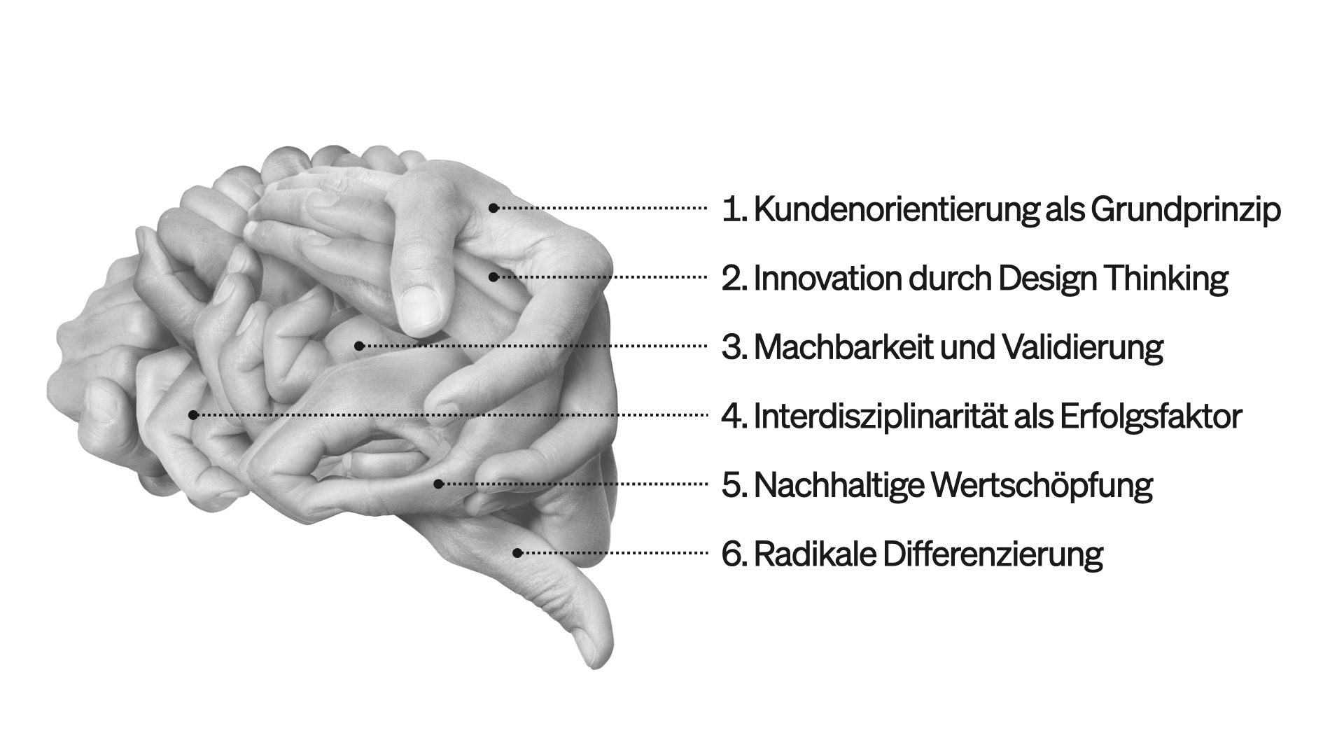 Viele ineinander verschlungene Hände stellen ein Gehirn dar. Dazu die Beschriftung mit den sechs zentralen Prinzipien von Geschäftsdesign: 1. Kundenorientierung als Grundprinzip, 2. Innovation durch Design Thinking, 3. Machbarkeit und Validierung, 4. Interdisziplinarität als Erfolgsfaktor, 5. Nachhaltige Wertschöpfung, 6. Radikale Differenzierung