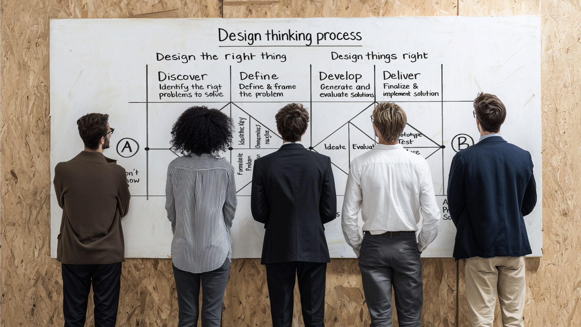 Fünf Menschen stehen im Rahmen eines Workshops vor einem Whiteboard.