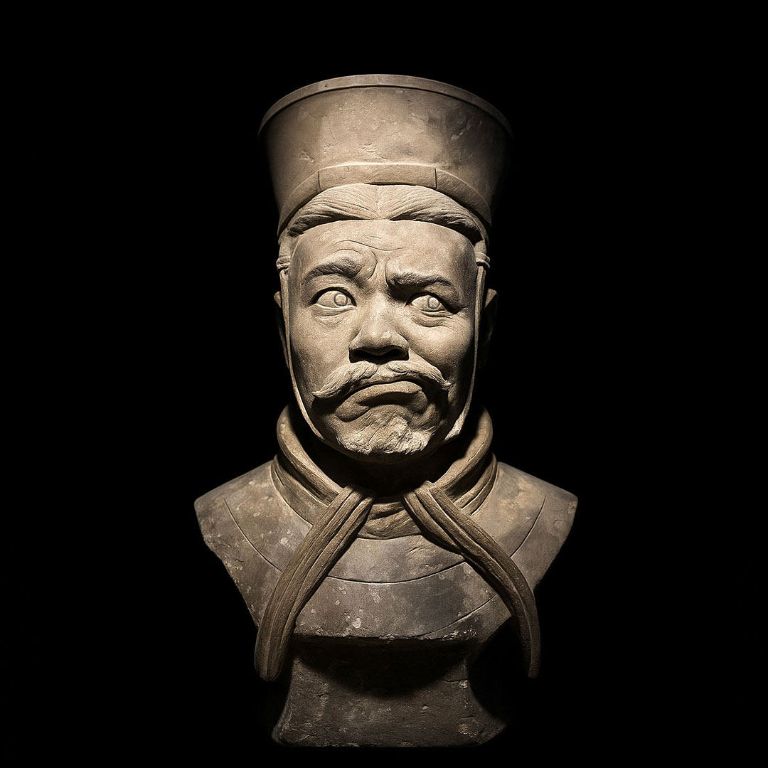 Eine fiktive Büste von Sun Tzu mit einem fragenden Gesichtsausdruck.